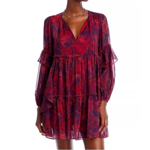 Cinq a Sept Womens Livie Long Sleeve Tiered Dress Size 00 Flowy Romantic Sheer - Picture 1 of 16